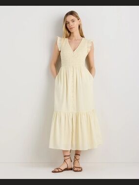 Quince Organic Cotton Smocked V-neck Midi Dress Custard Yellow XS